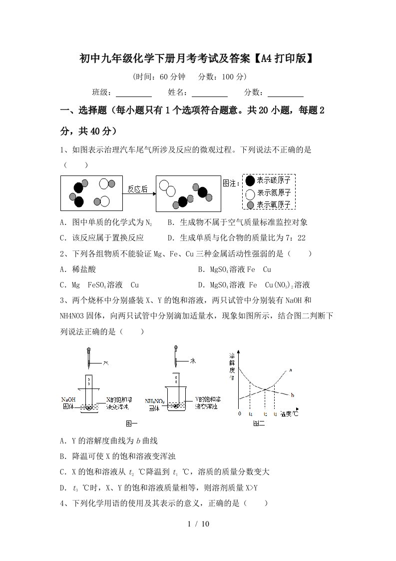 初中九年级化学下册月考考试及答案A4打印版