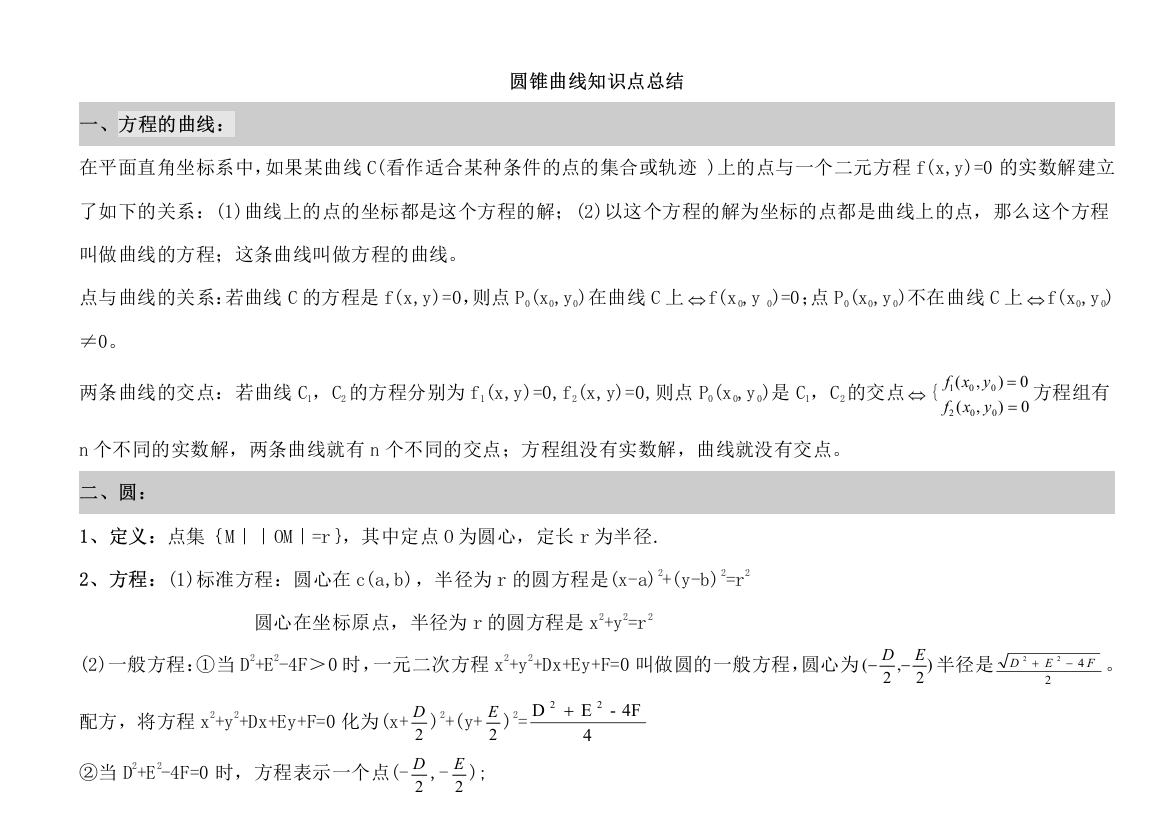 圆锥曲线知识点总结