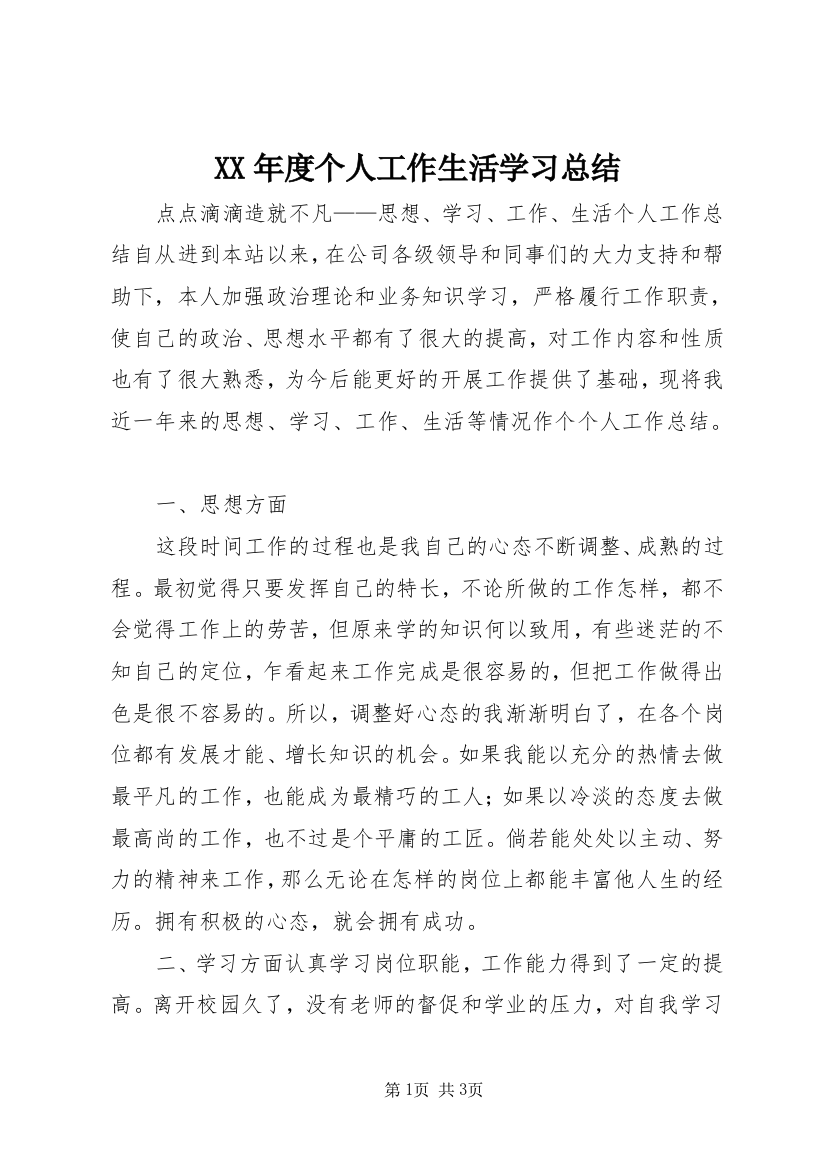 XX年度个人工作生活学习总结