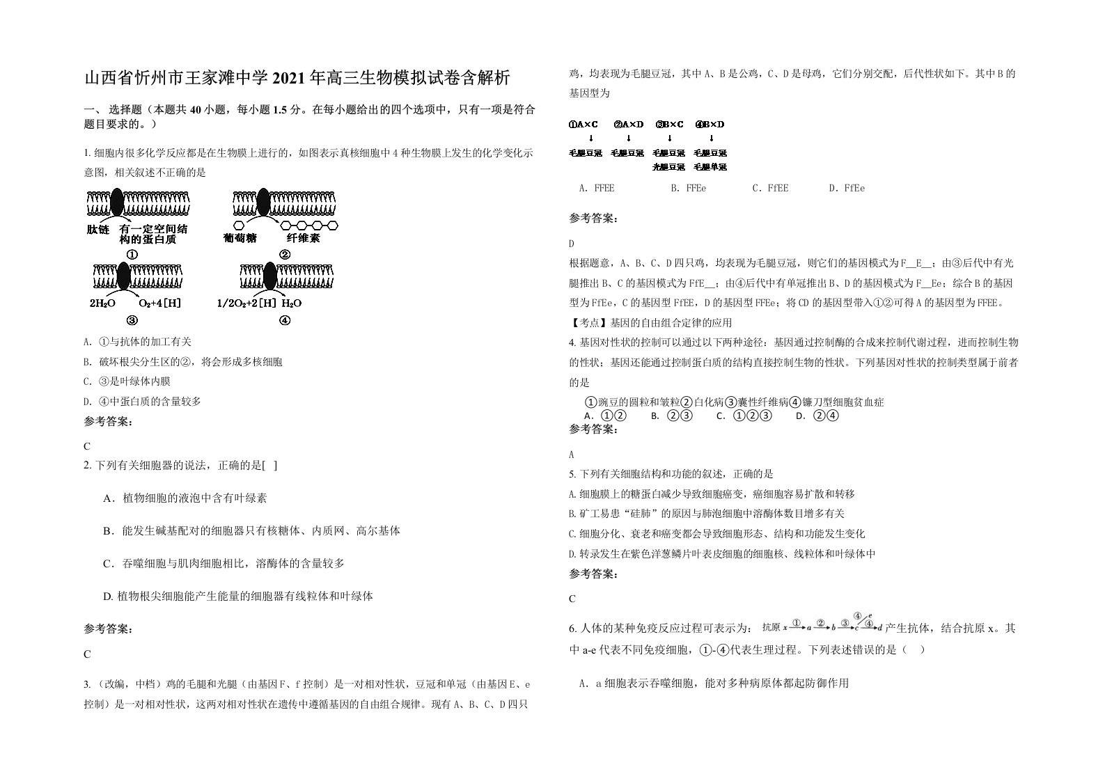 山西省忻州市王家滩中学2021年高三生物模拟试卷含解析