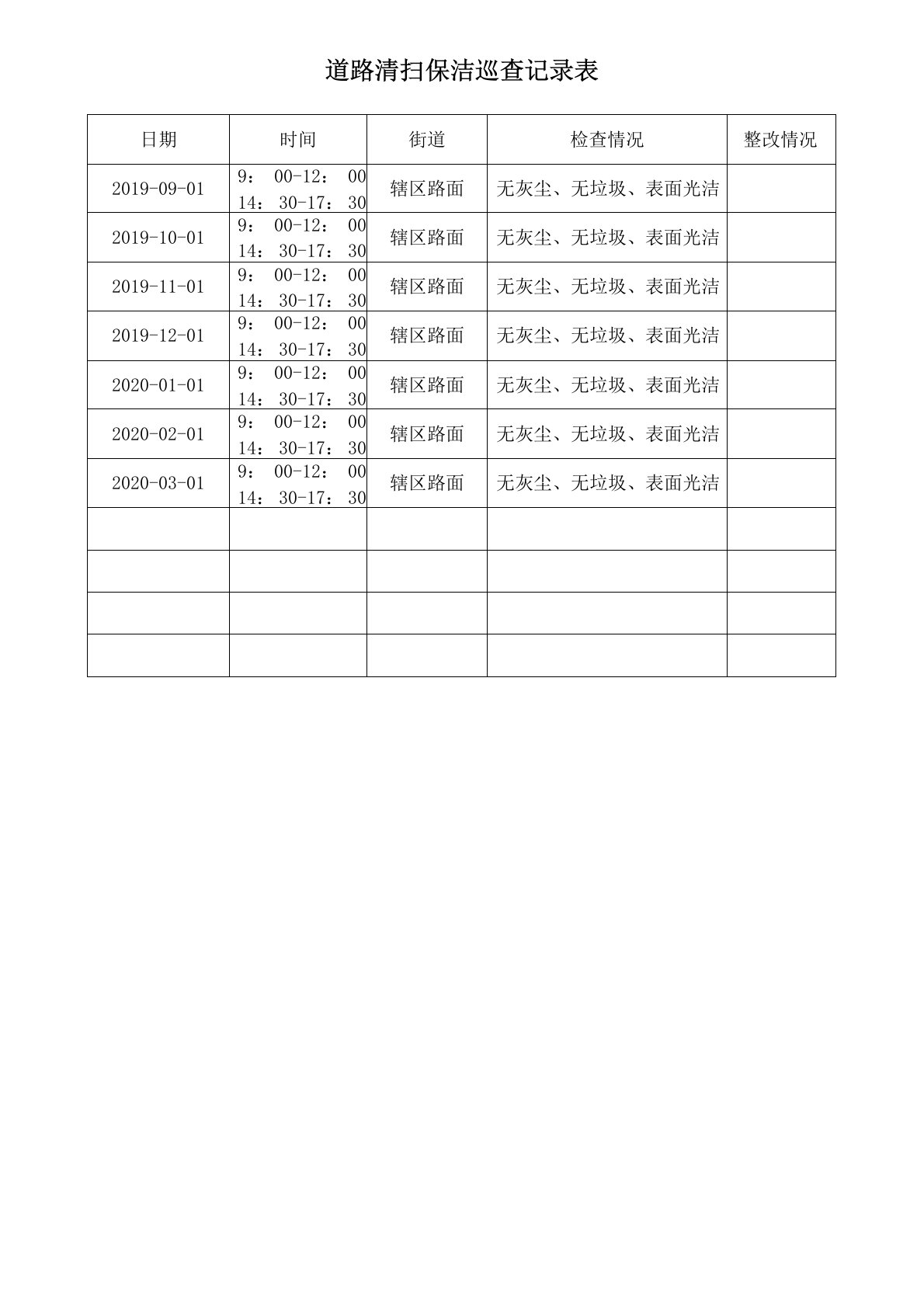 物业道路清扫保洁巡查记录表