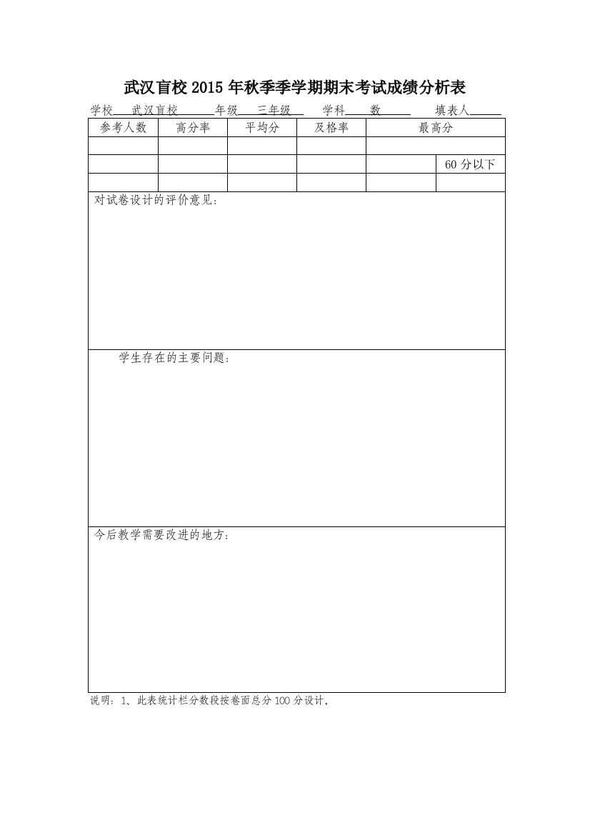 小学三年级数学期期末考试成绩分析表