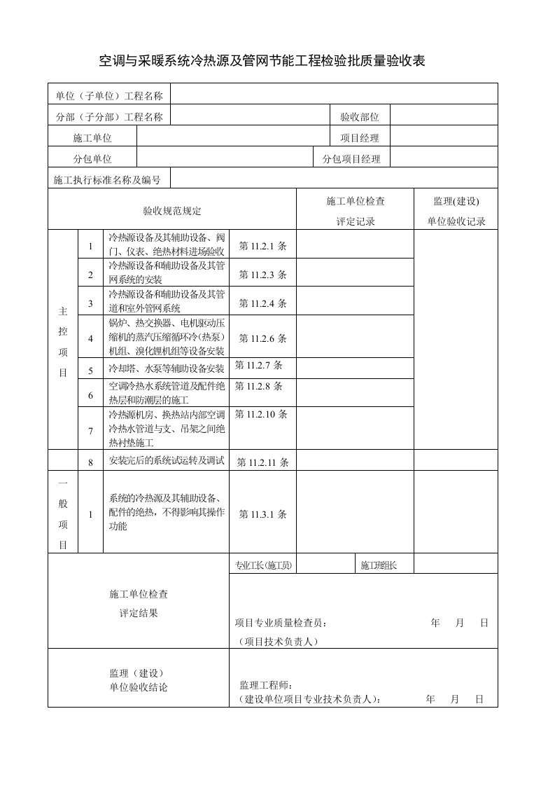 空调与采暖系统冷热源及管网节能工程检验批验收表