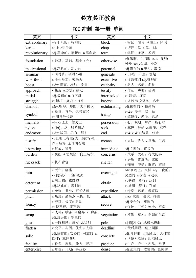 FCE冲刺班单词带中文意思第一-十册全-必方必正