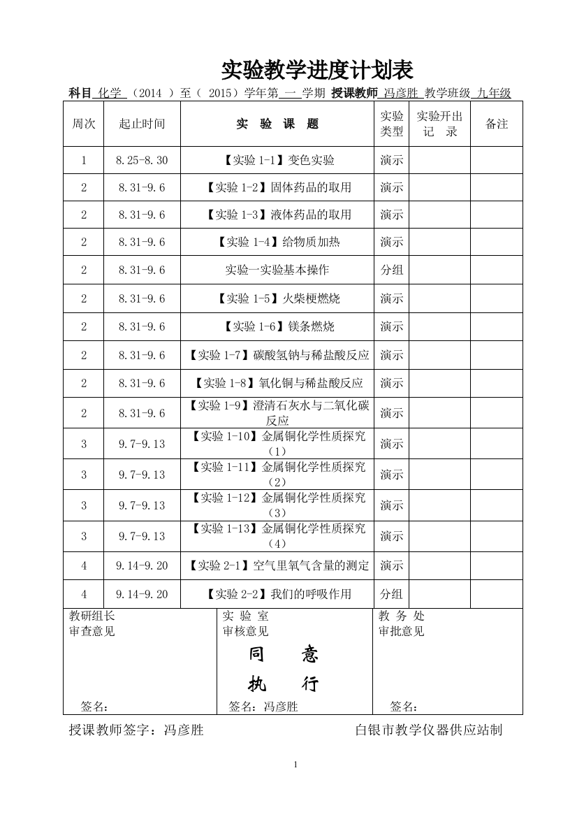 2014-2015（1）实验教学进度计划表