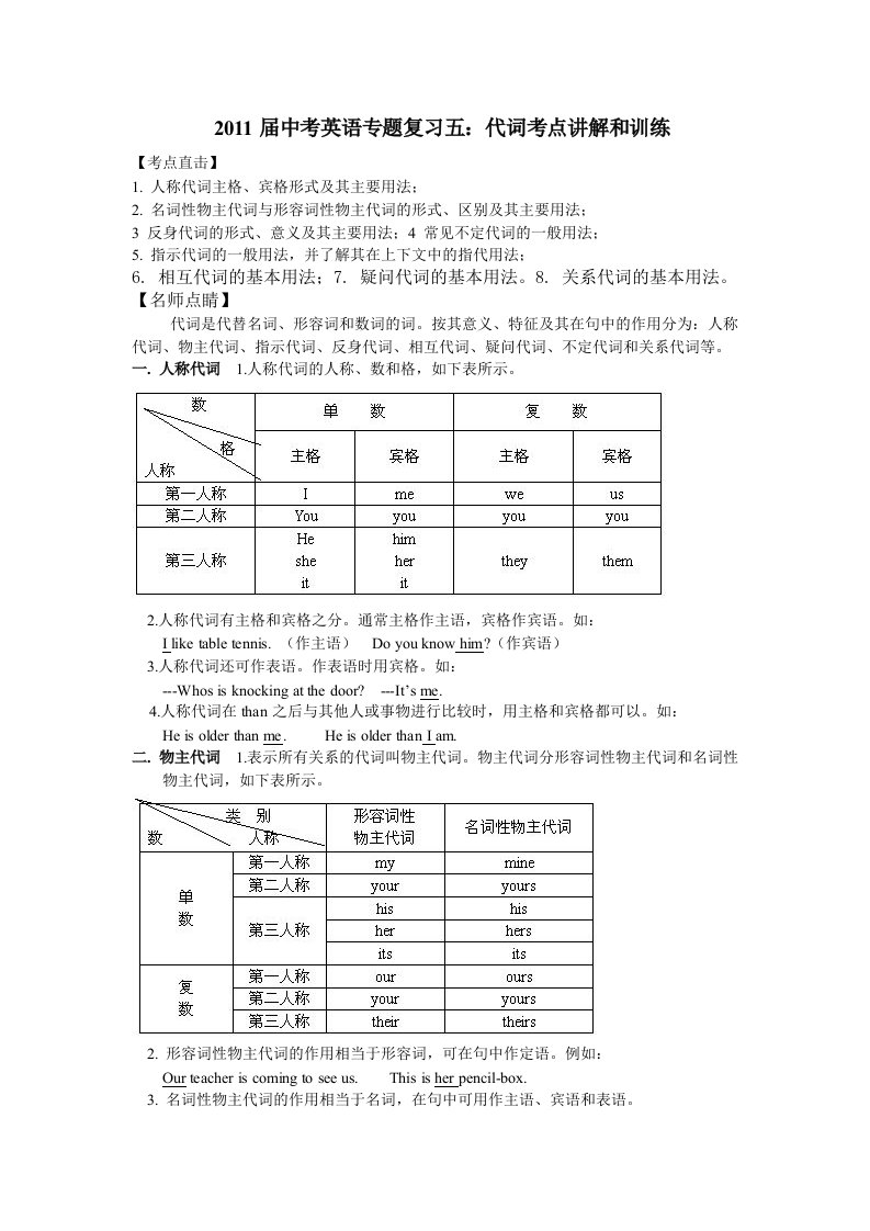 2011届中考英语代词考点专题复习