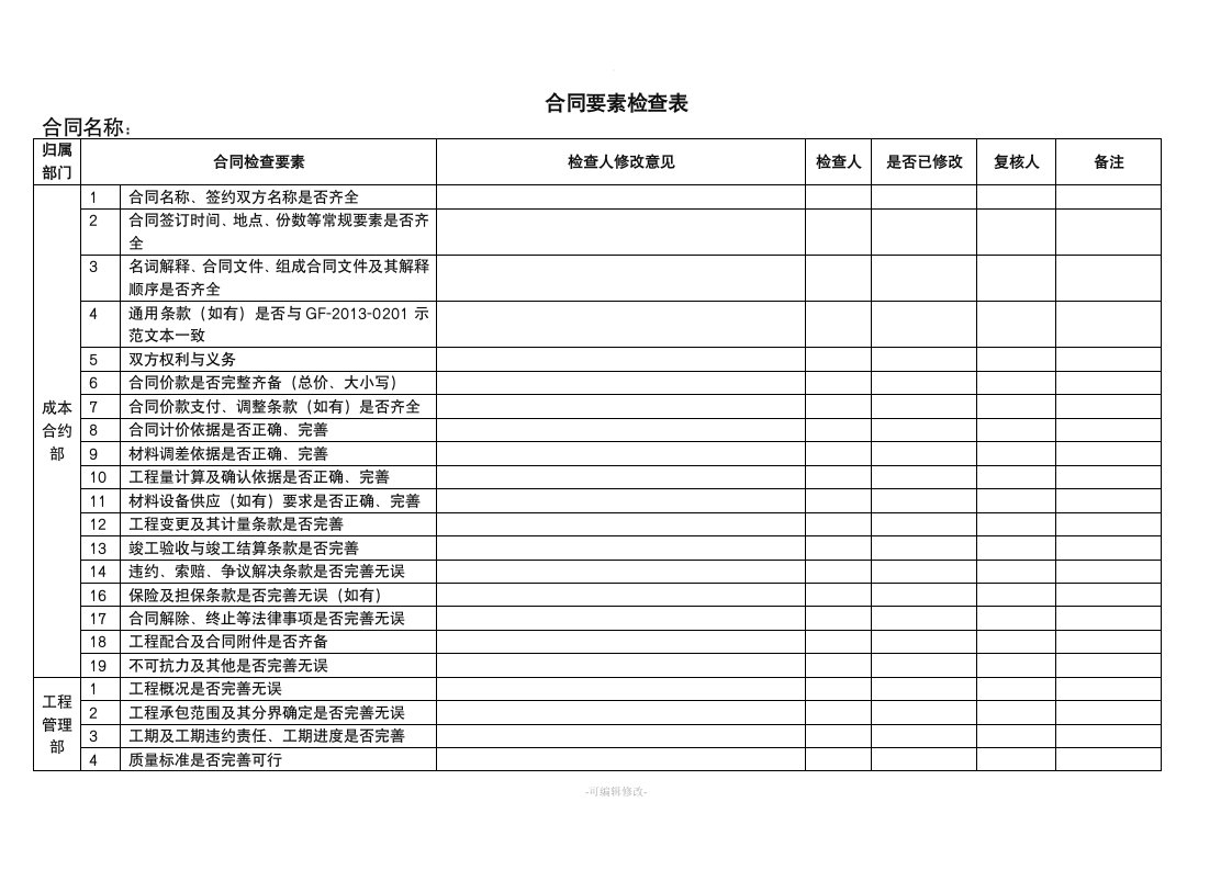 建筑工程施工合同要素检查表