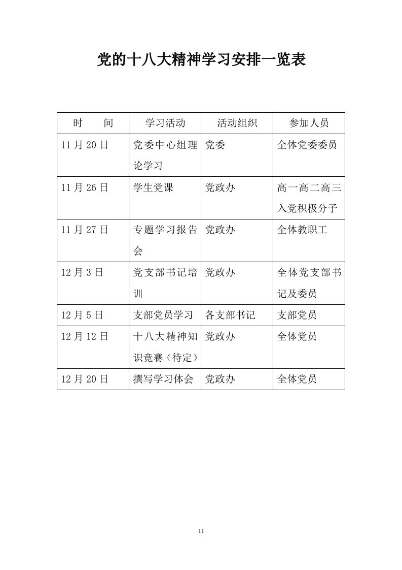 党的十八大精神学习安排一览表