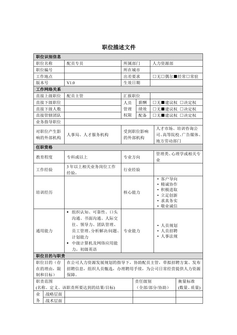 人力资源部配员专员岗位职责