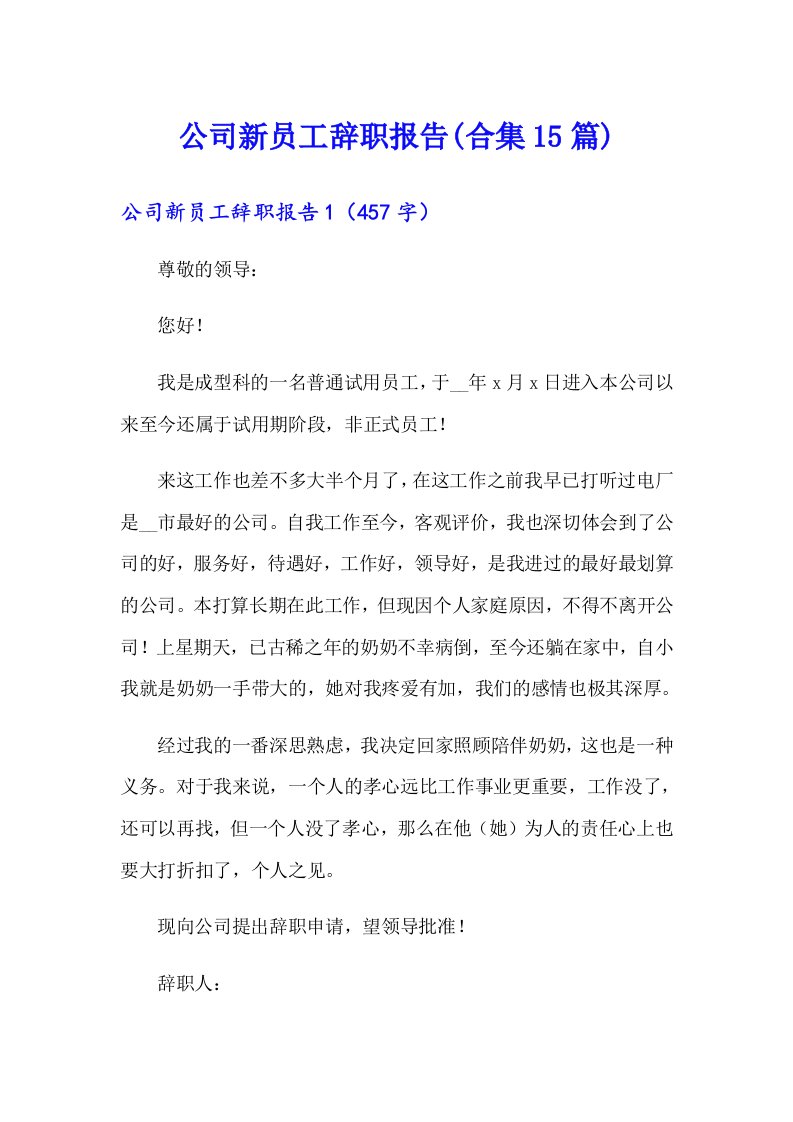 公司新员工辞职报告(合集15篇)