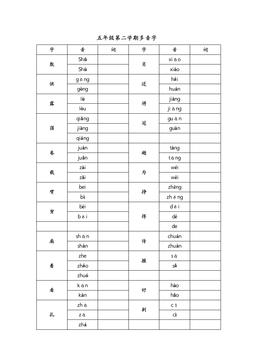 北师大版语文五年级下册多音字总结