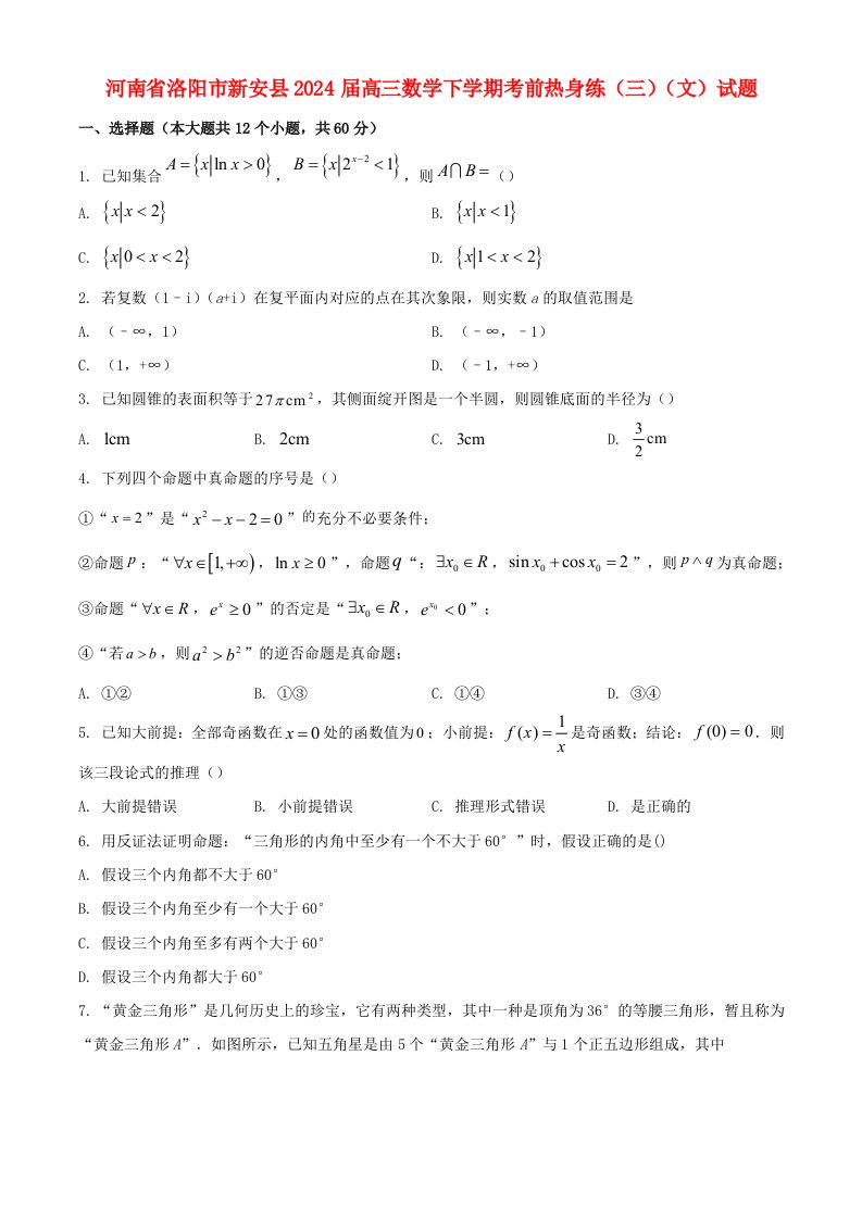 河南省洛阳市新安县2025届高三数学下学期考前热身练三文试题