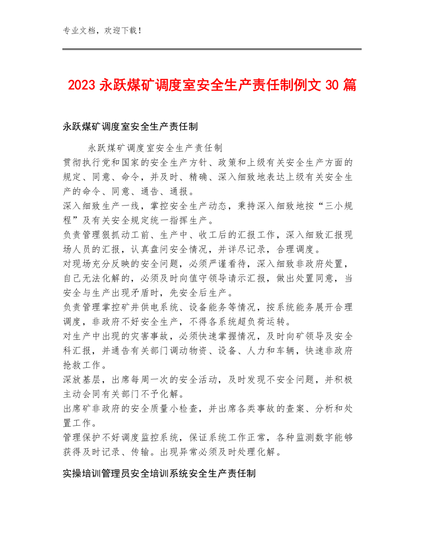 2023永跃煤矿调度室安全生产责任制例文30篇