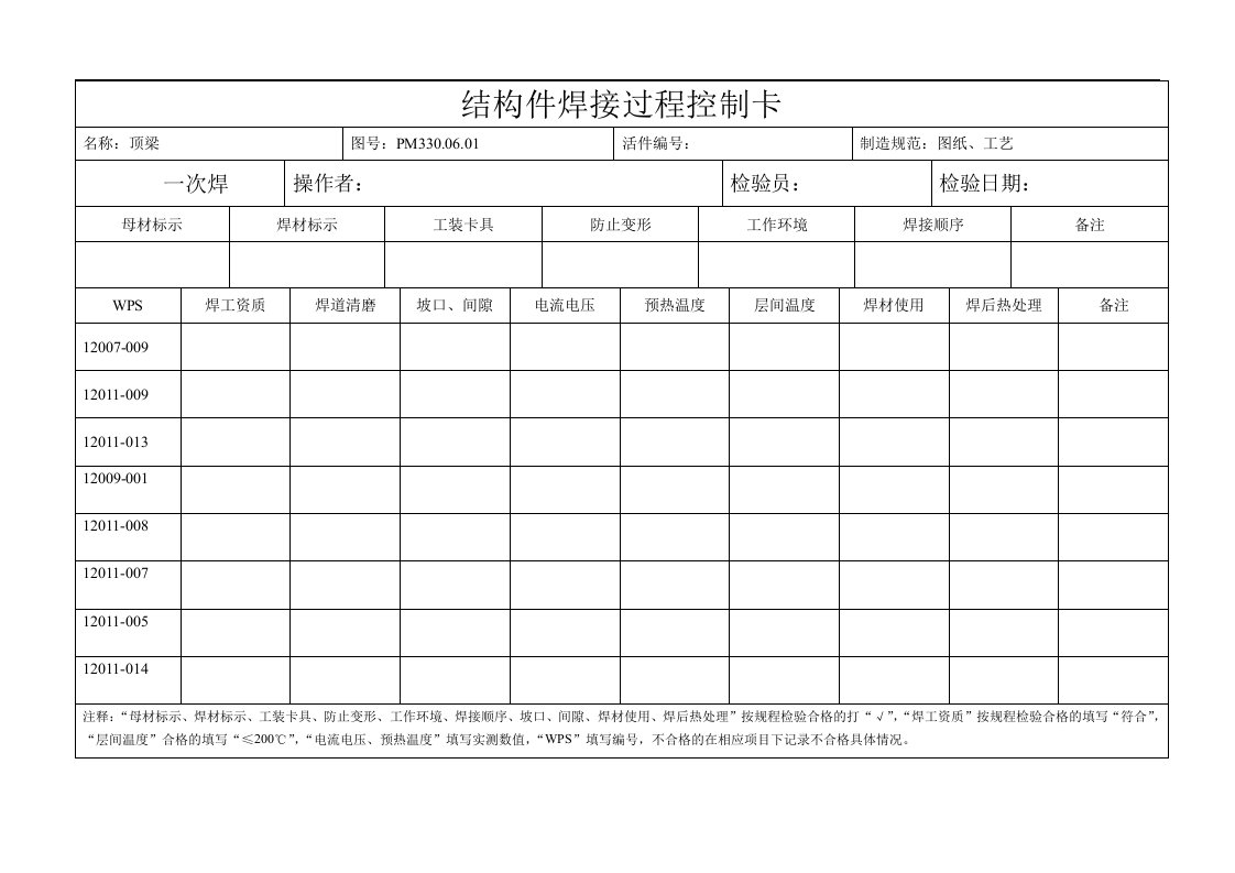 结构件焊接过程控制卡