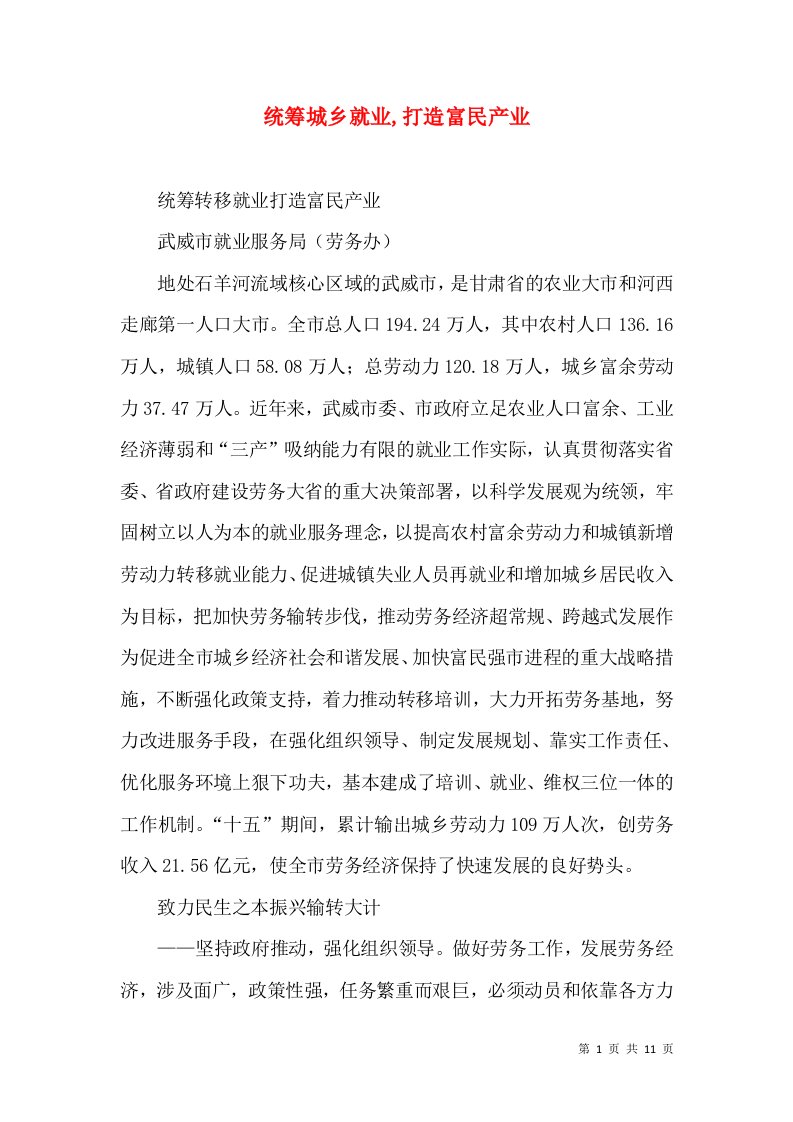 统筹城乡就业,打造富民产业（三）