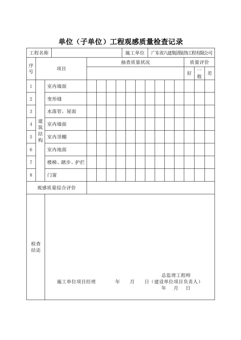 建筑资料-单位子单位工程观感质量检查记录