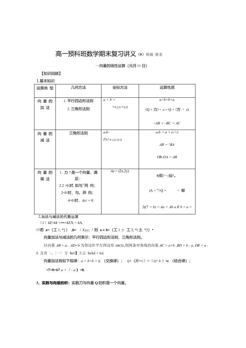 高一预科班数学期末复习讲义(9)班级