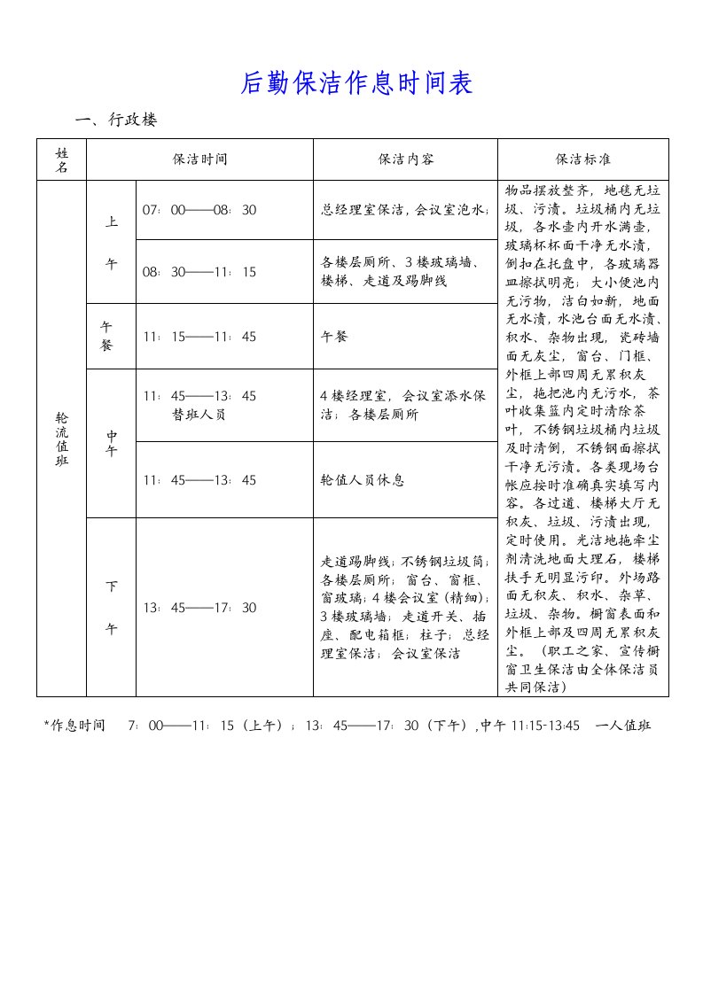 后勤保洁作息时间表