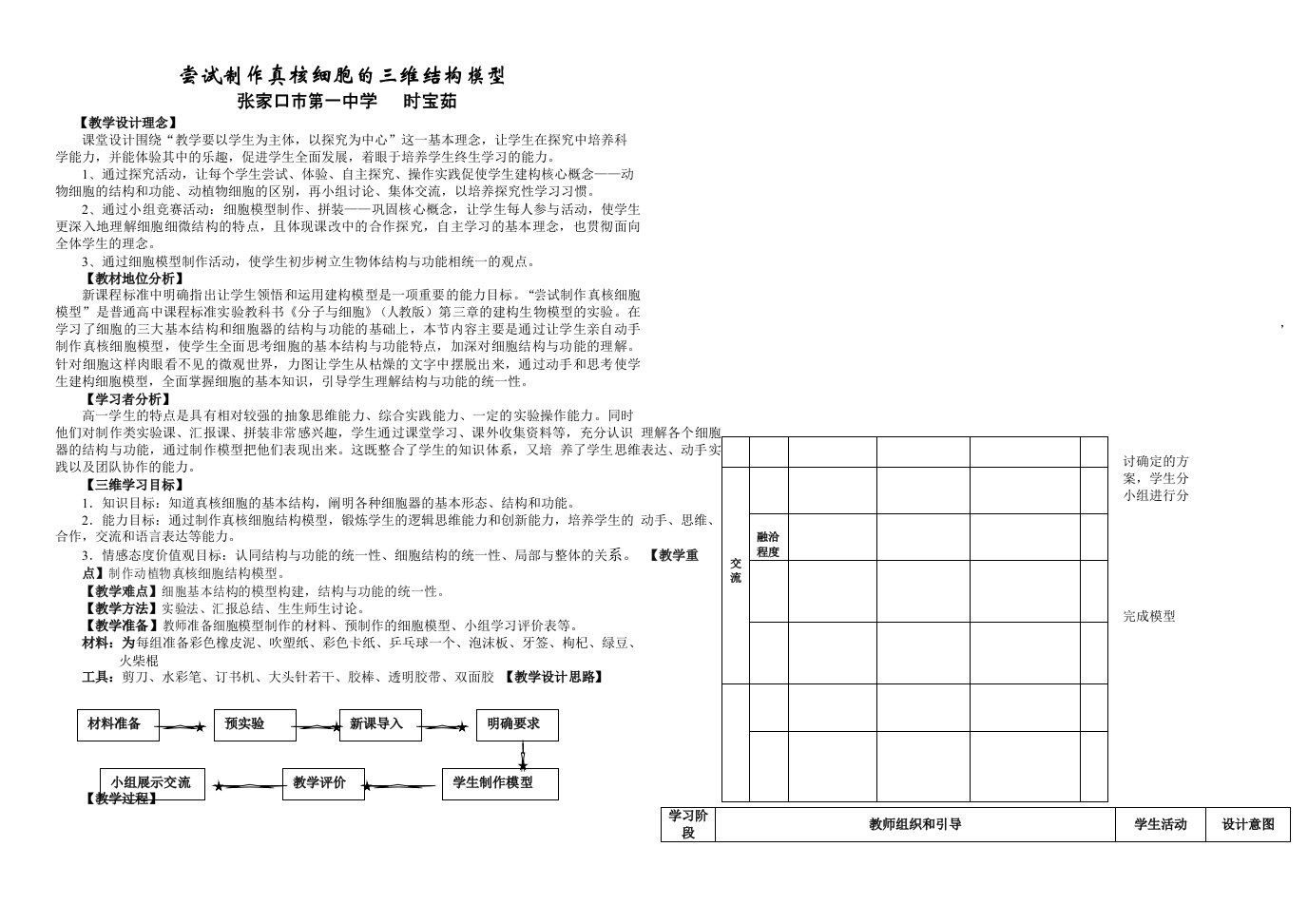 尝试制作真核细胞模型教案