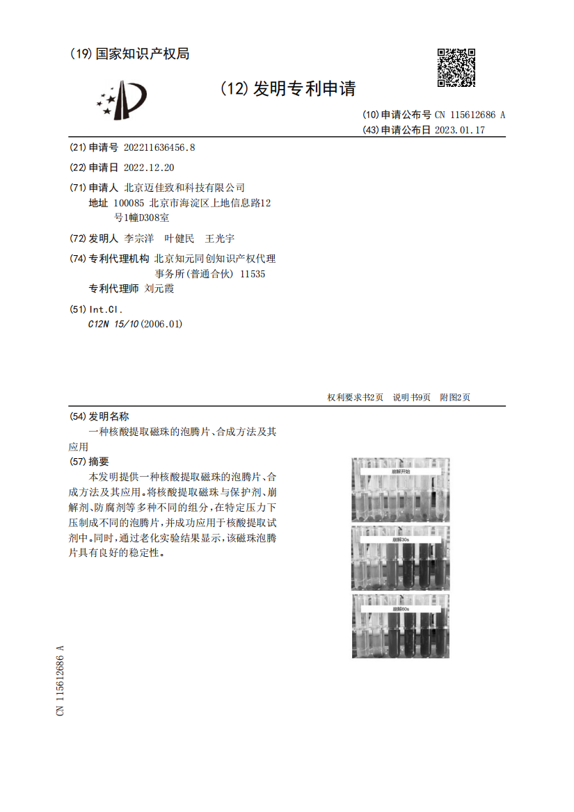 一种核酸提取磁珠的泡腾片、合成方法及其应用