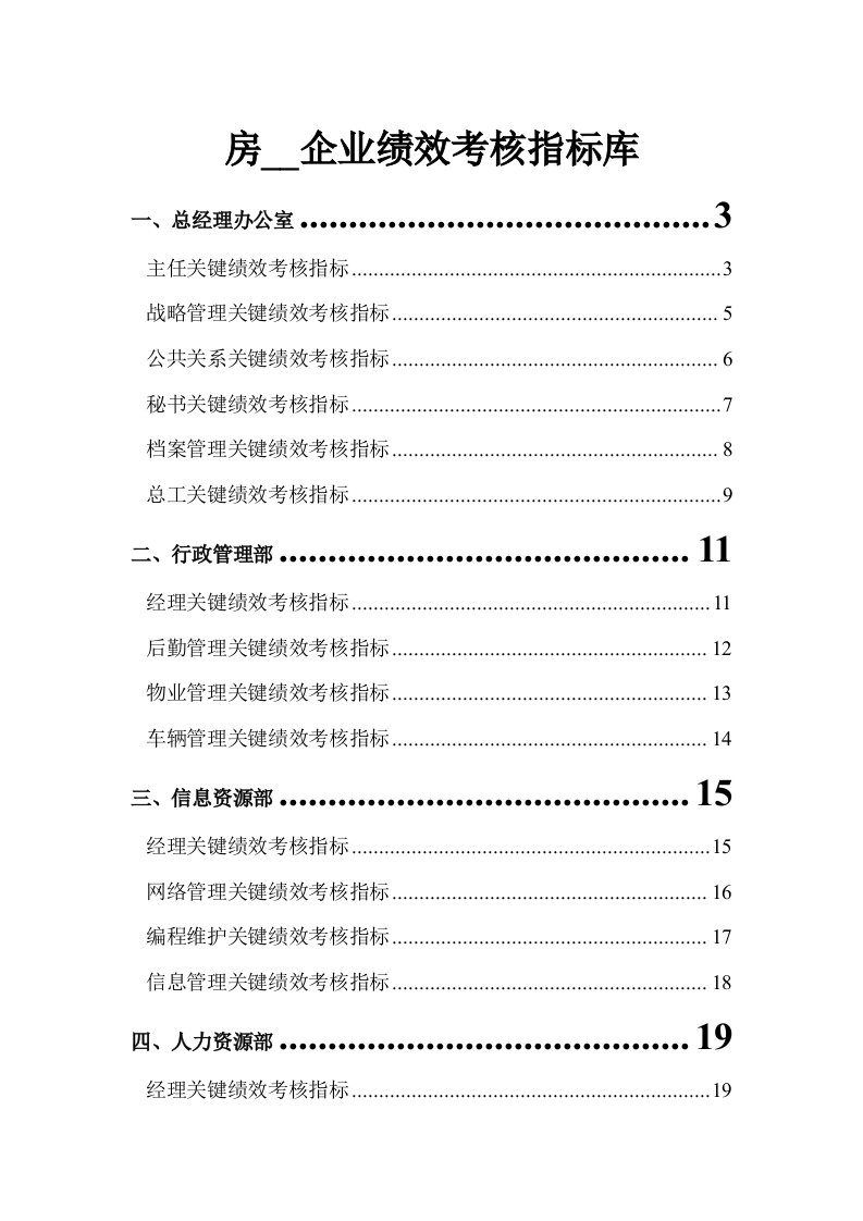 房地产公司岗位KPI指标库