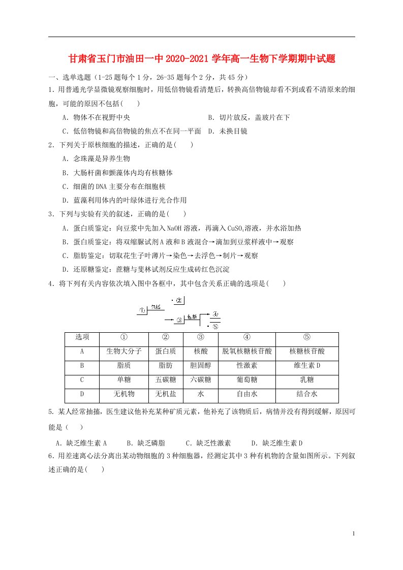 甘肃省玉门市油田一中2020_2021学年高一生物下学期期中试题202106010318