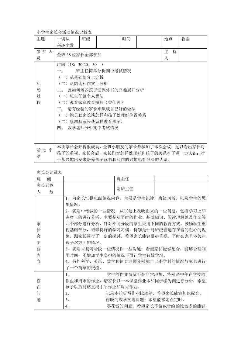 小学生家长会活动情况记录表