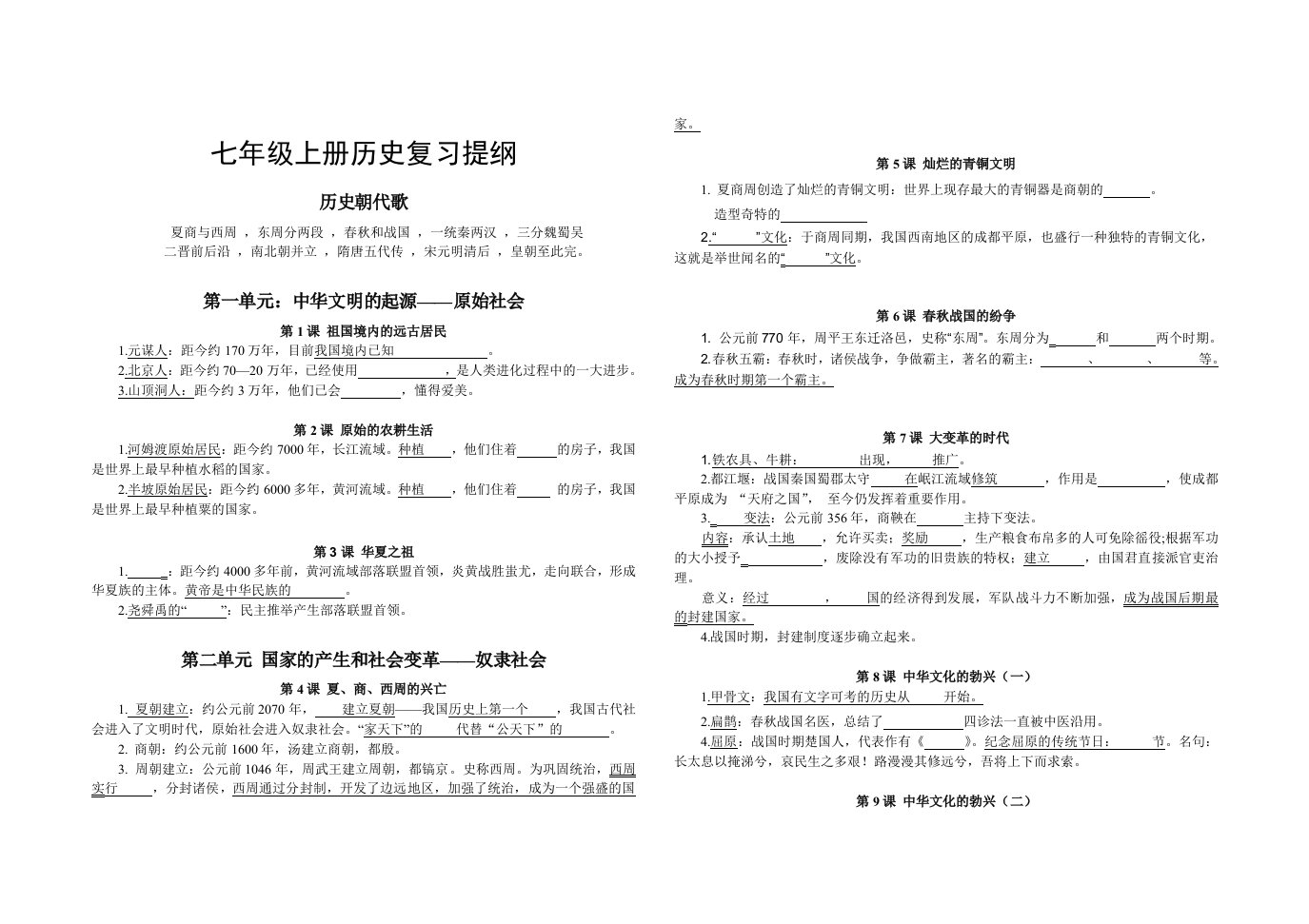 七年级历史复习提纲全一册