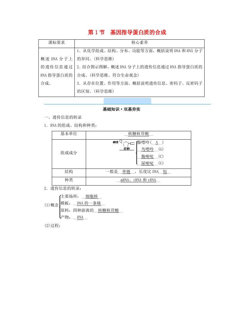 新教材2023年高中生物第4章基因的表达第1节基因指导蛋白质的合成学案新人教版必修2