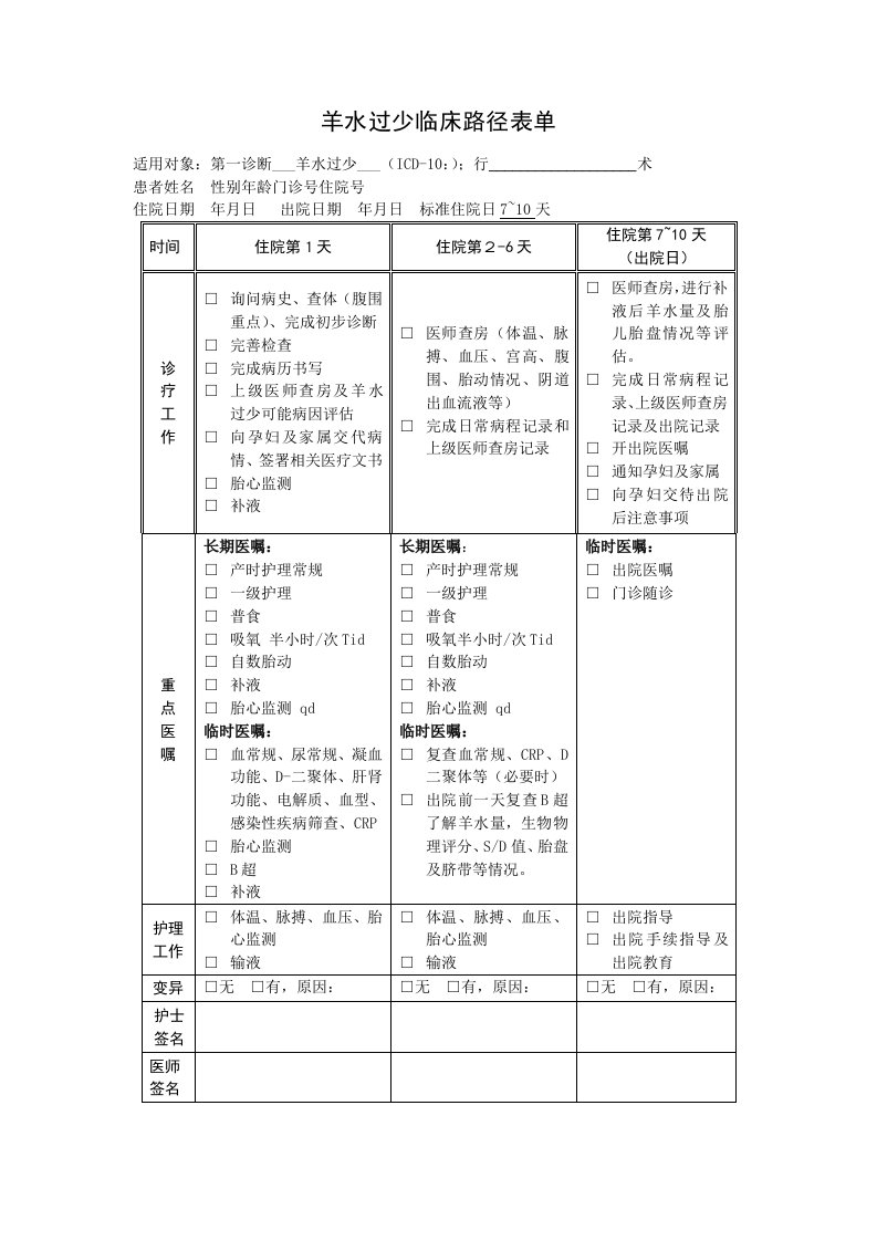 羊水过少临床路径表单