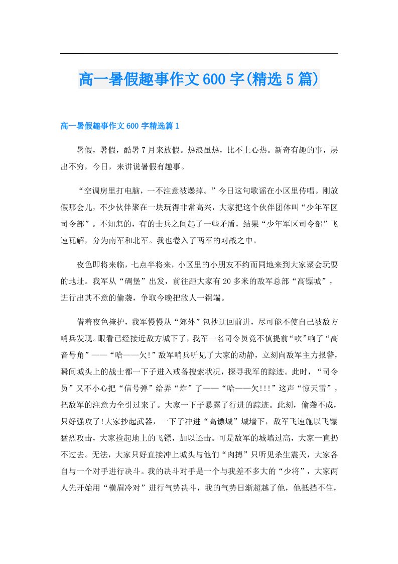 高一暑假趣事作文600字(精选5篇)