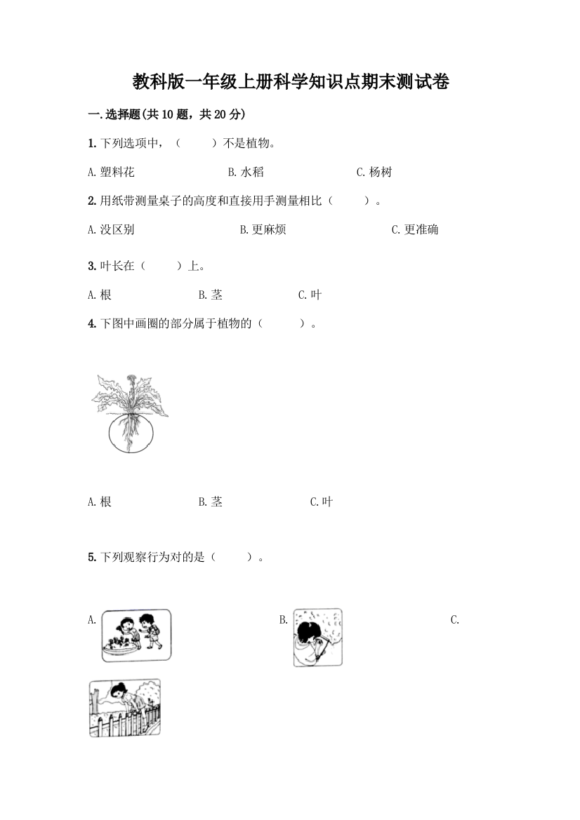 教科版一年级上册科学知识点期末测试卷(考点提分)