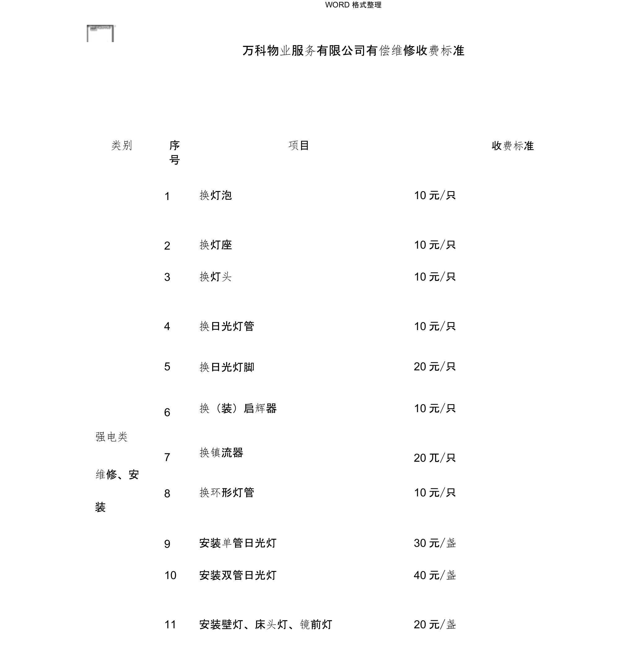 万科物业服务有限公司有偿维修收费标准