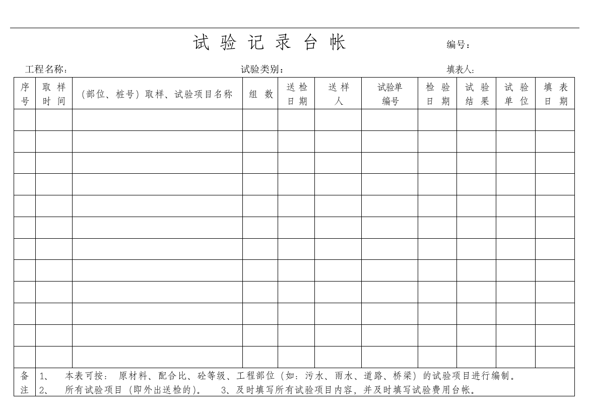 试验记录台帐空表