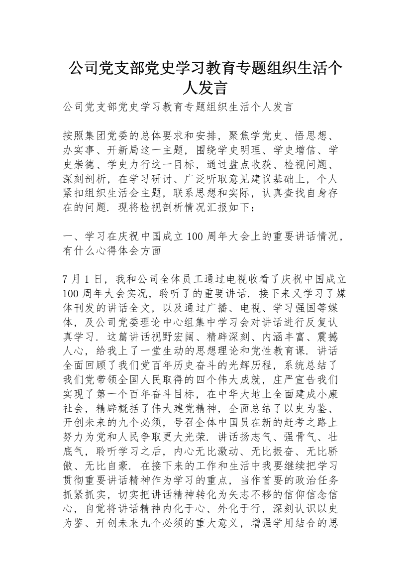 公司党支部党史学习教育专题组织生活个人发言