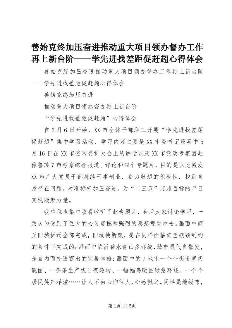 5善始克终加压奋进推动重大项目领办督办工作再上新台阶——学先进找差距促赶超心得体会