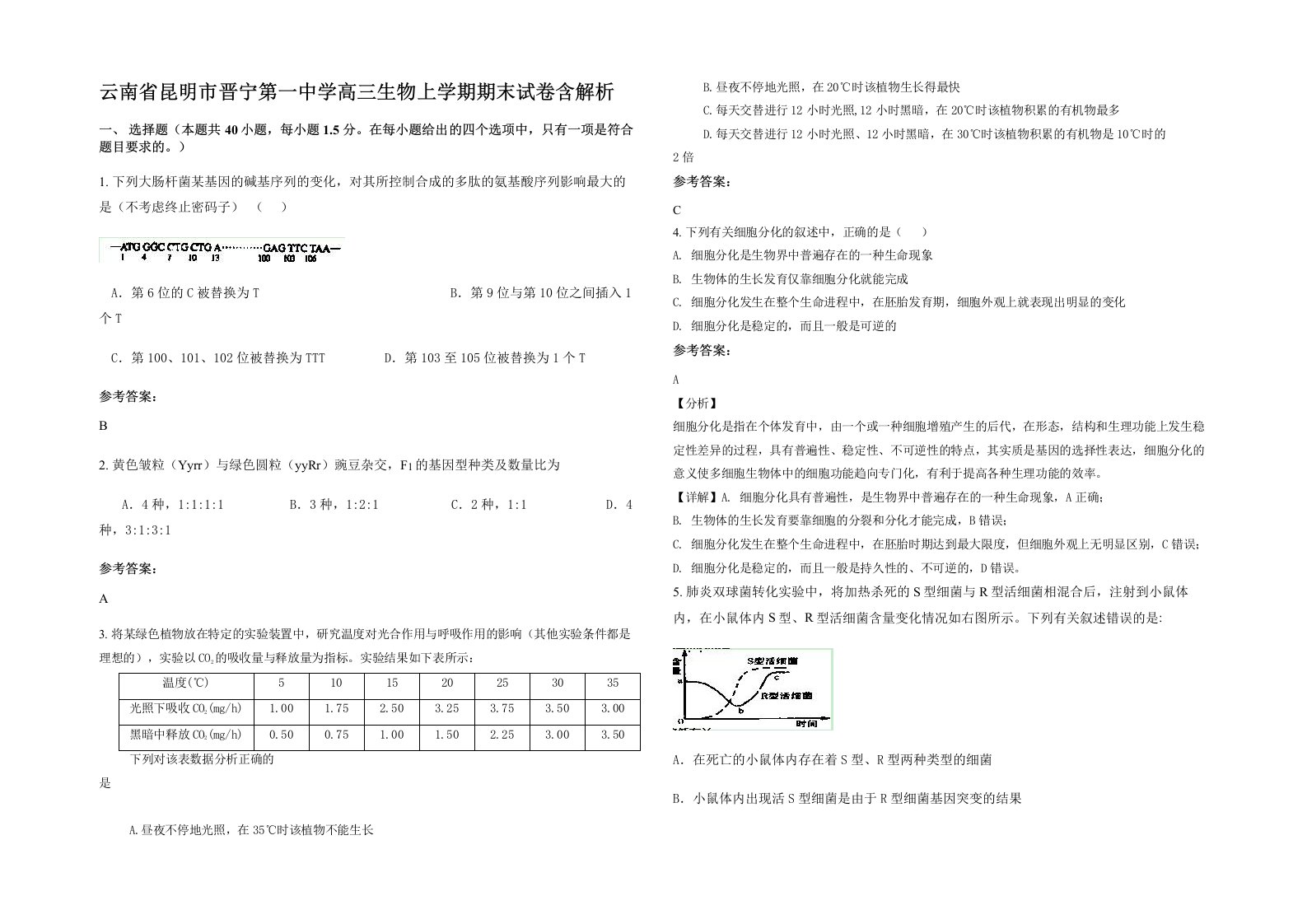 云南省昆明市晋宁第一中学高三生物上学期期末试卷含解析