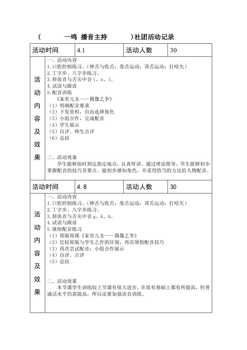 一年部(一鸣)播音主持社团活动记录