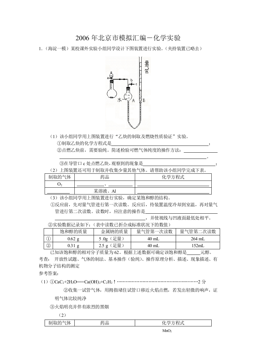 2006年北京市模拟汇编－化学实验