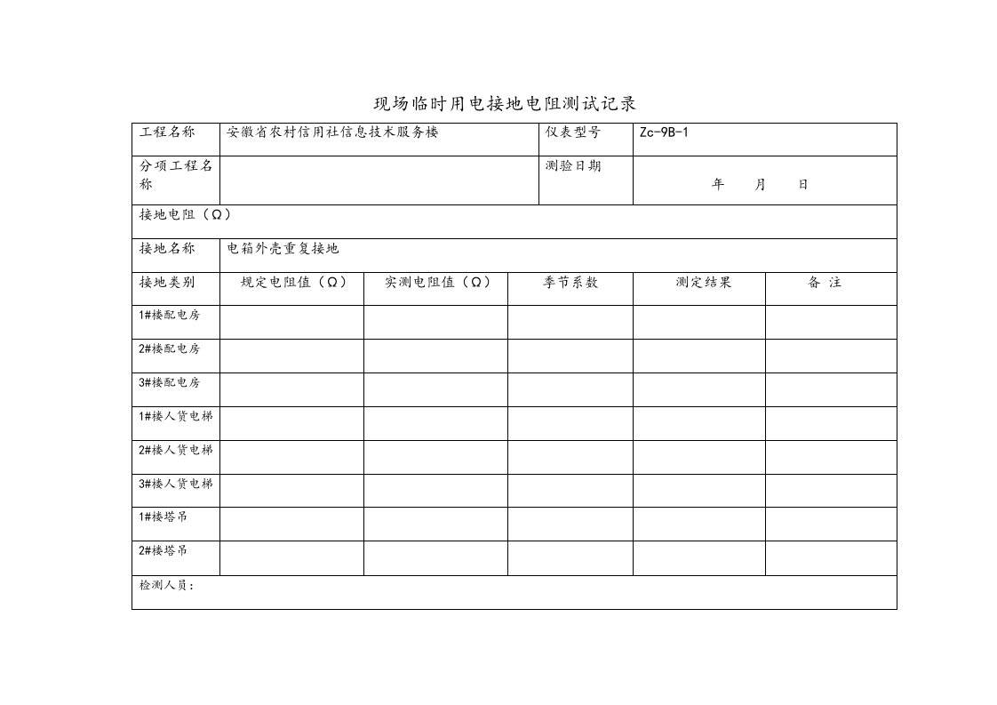 现场临时用电接地电阻测试记录文本