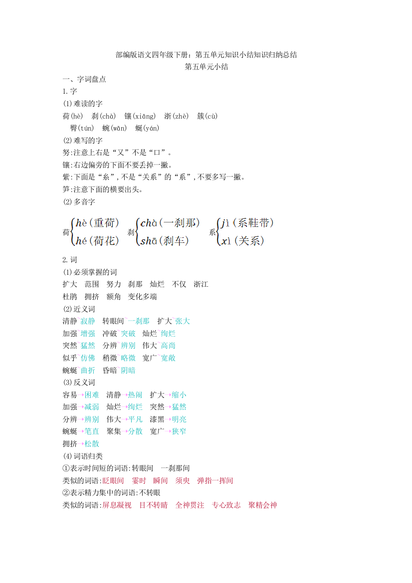 部编版语文四年级下册：第五单元知识小结知识归纳总结