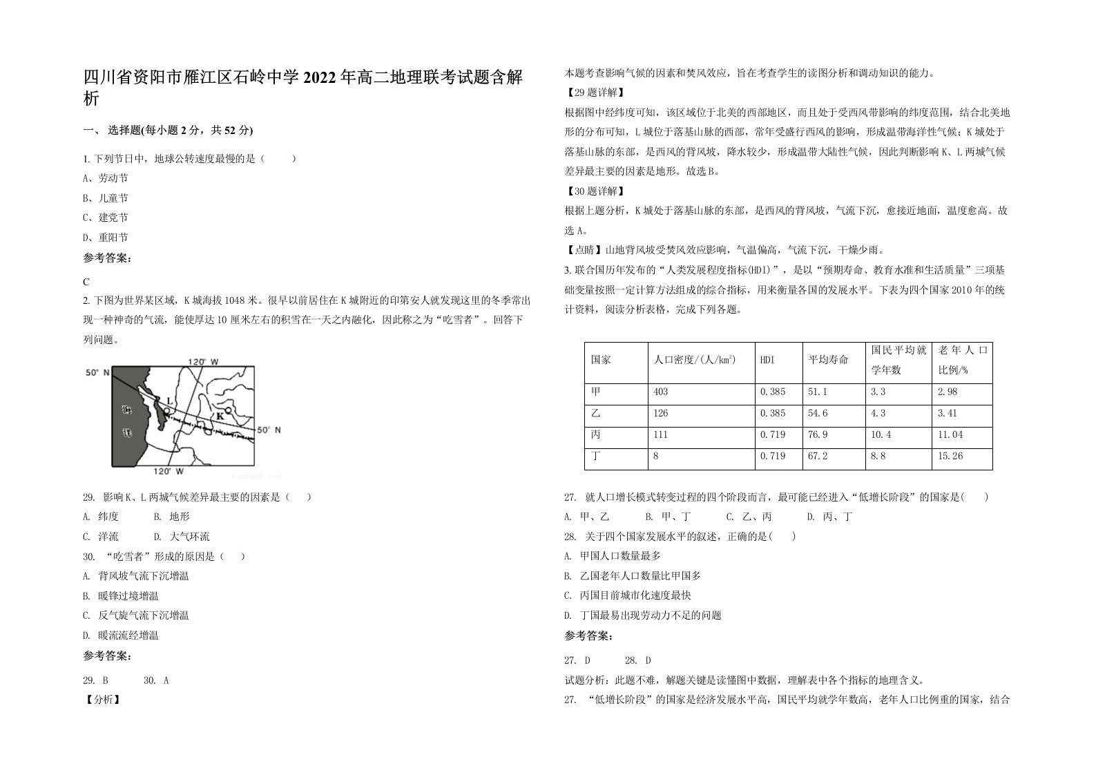 四川省资阳市雁江区石岭中学2022年高二地理联考试题含解析