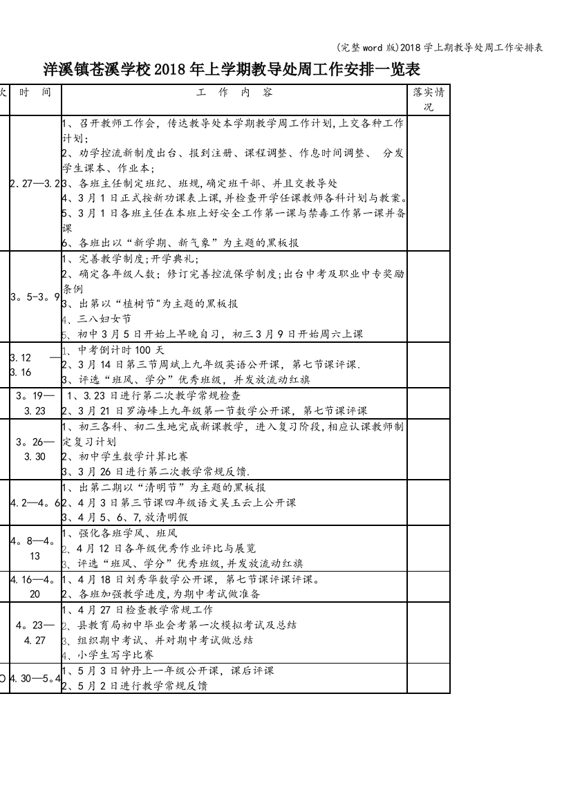 2018学上期教导处周工作安排表