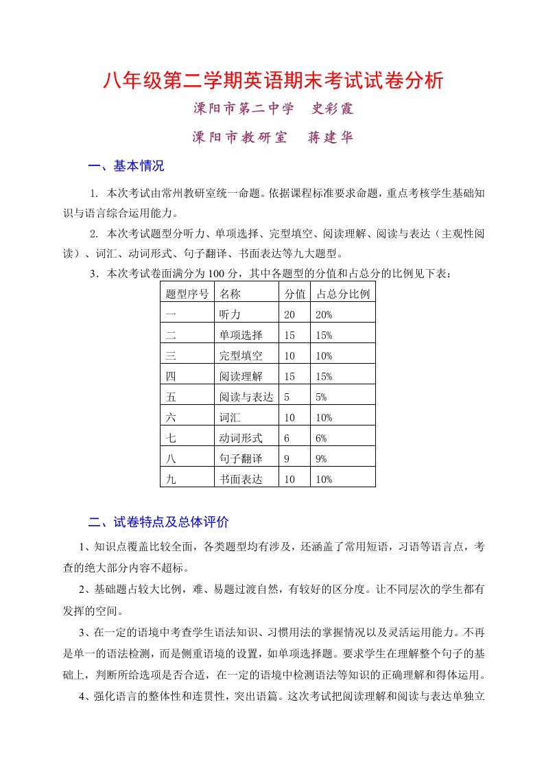 八年级第二学期英语期末考试试卷分析