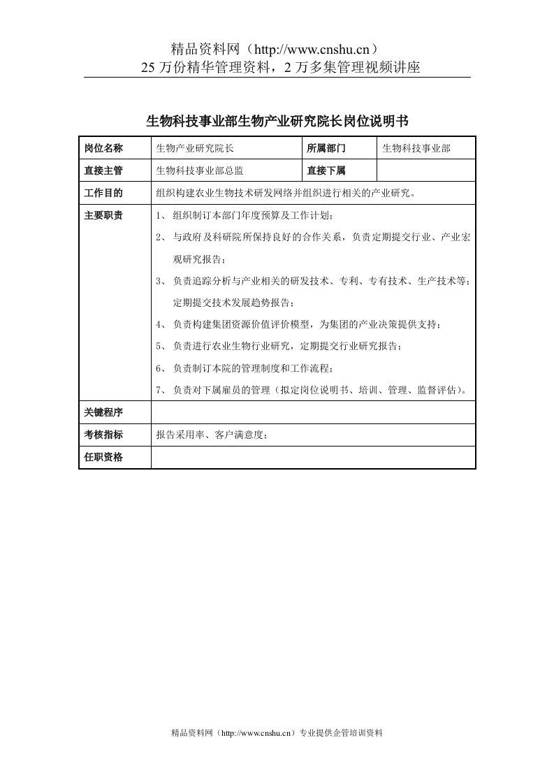 生物科技事业部生物产业研究院长岗位说明书