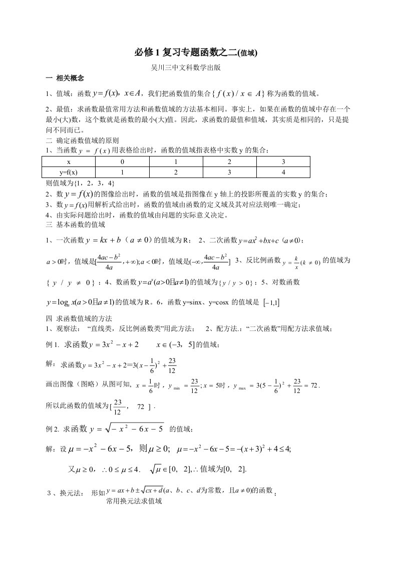 必修1函数的值域及其求法