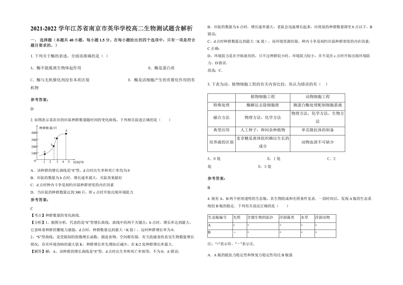 2021-2022学年江苏省南京市英华学校高二生物测试题含解析