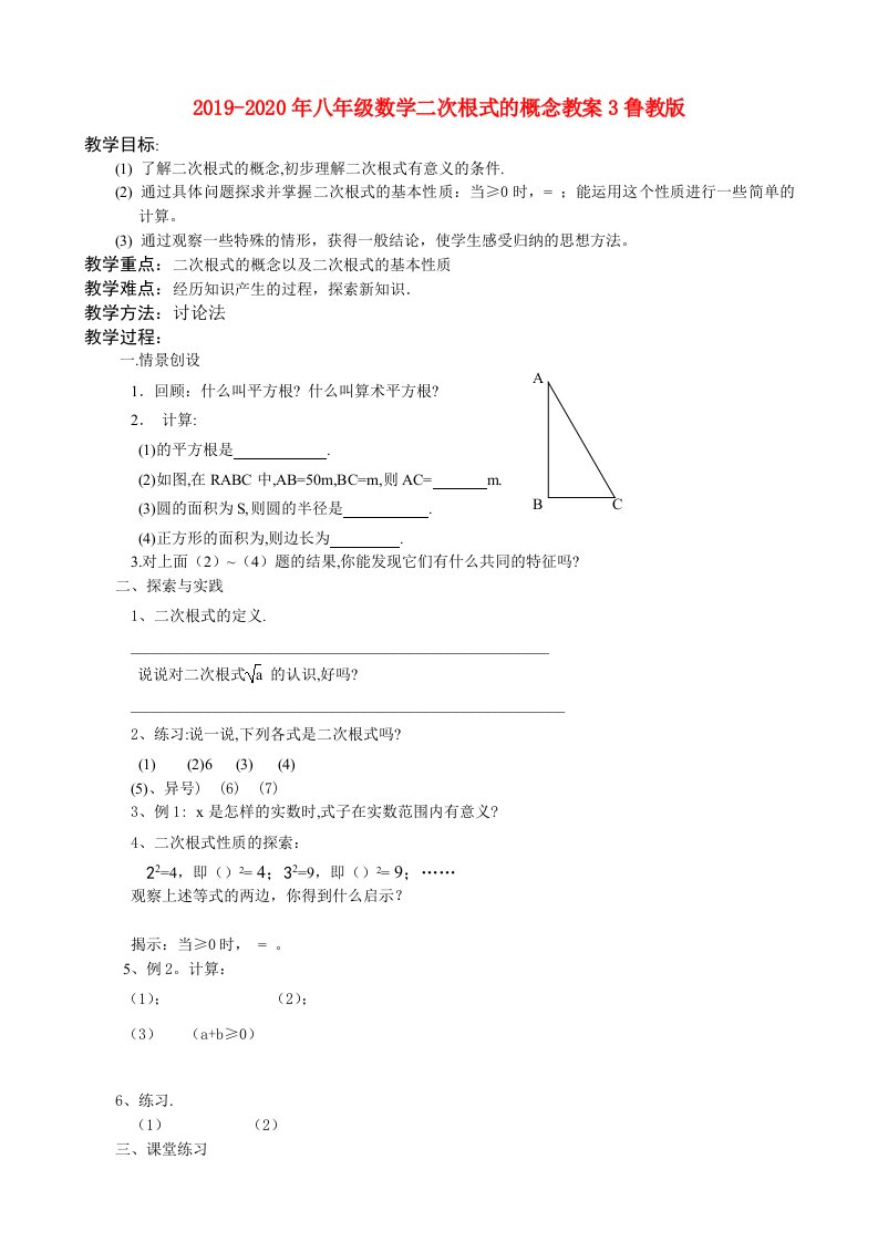 2019-2020年八年级数学二次根式的概念教案3鲁教版