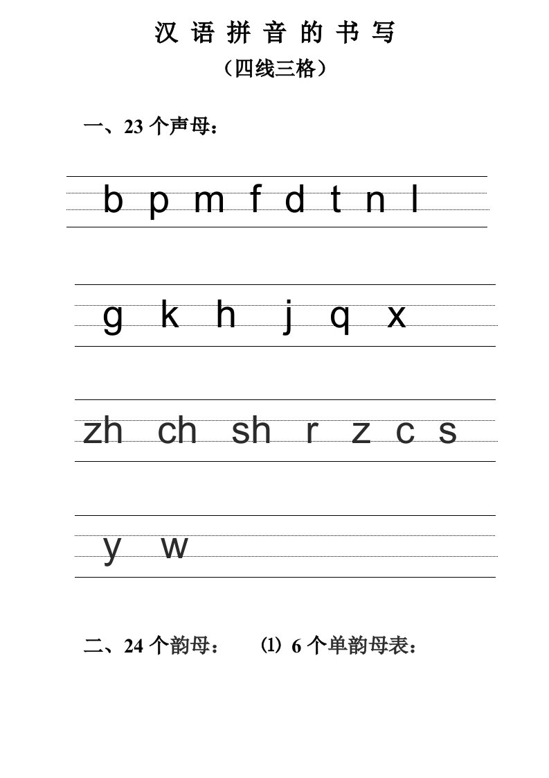 汉语拼音的书写格式最新四线三格资料