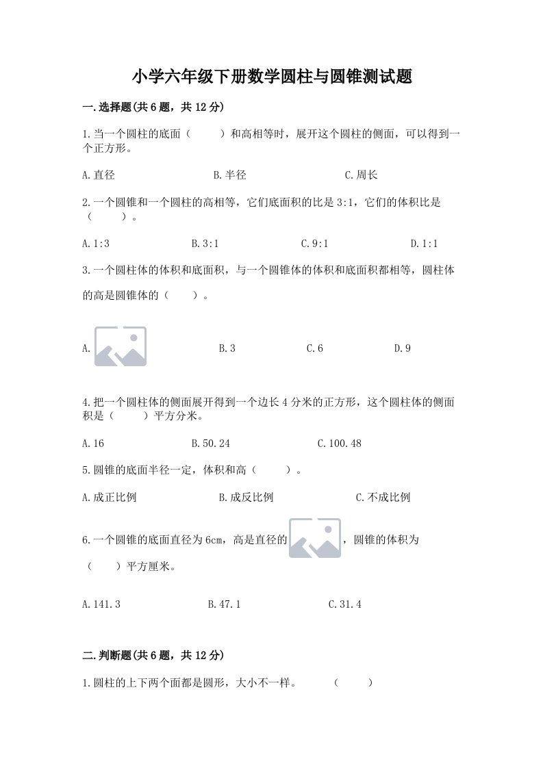 小学六年级下册数学圆柱与圆锥测试题完美版